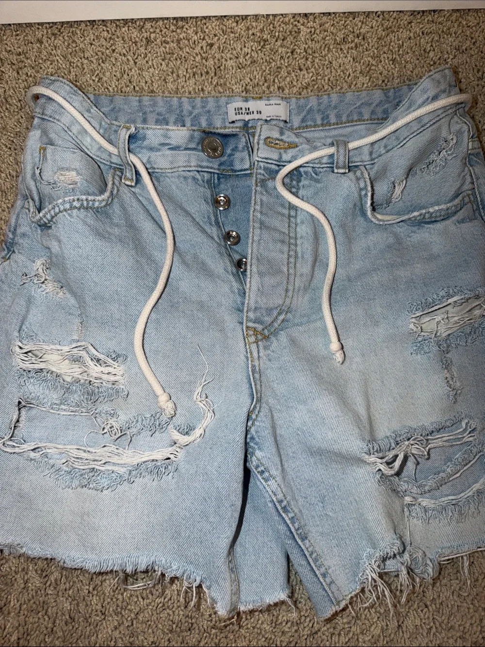 Zara Light Blue Distressed Denim Shorts with Drawstring